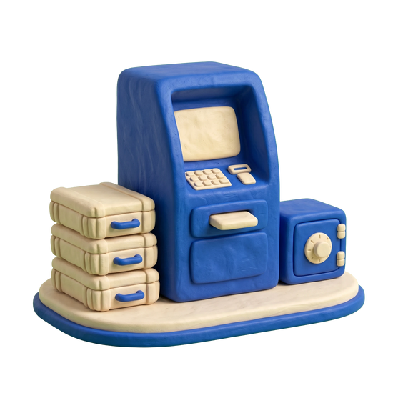 ATM illustration in blue and ivory clay