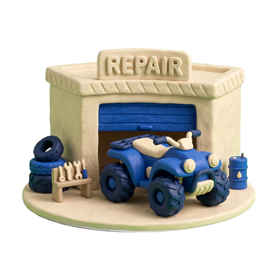 ATV dealer illustration in blue and ivory clay
