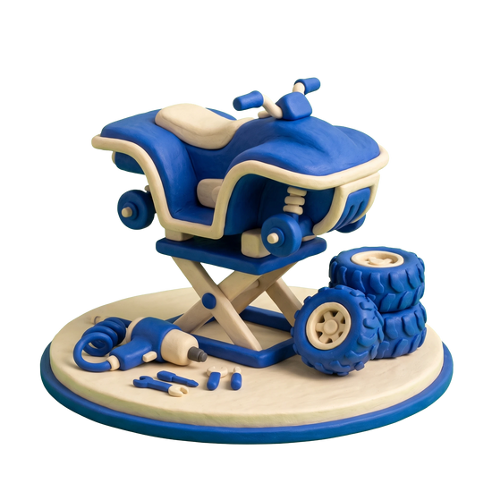 ATV repair shop illustration in blue and ivory clay