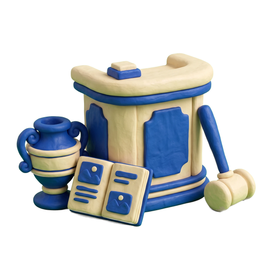Auction house illustration in blue and ivory clay