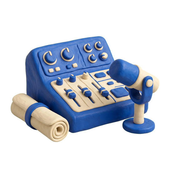 Audio visual consultant illustration in blue and ivory clay