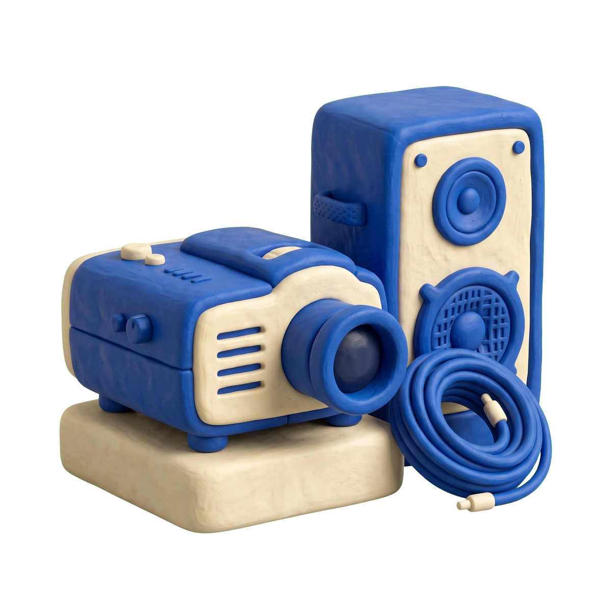 Audio visual equipment supplier illustration in blue and ivory clay