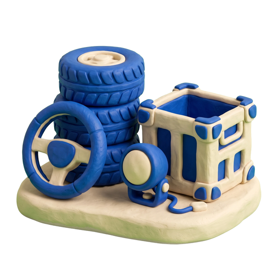 Auto accessories wholesaler illustration in blue and ivory clay