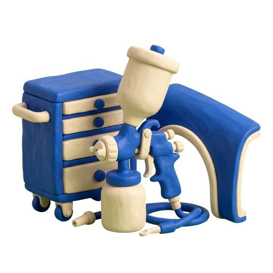 Auto body shop illustration in blue and ivory clay