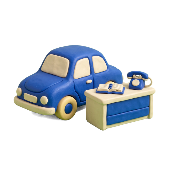 Auto broker illustration in blue and ivory clay