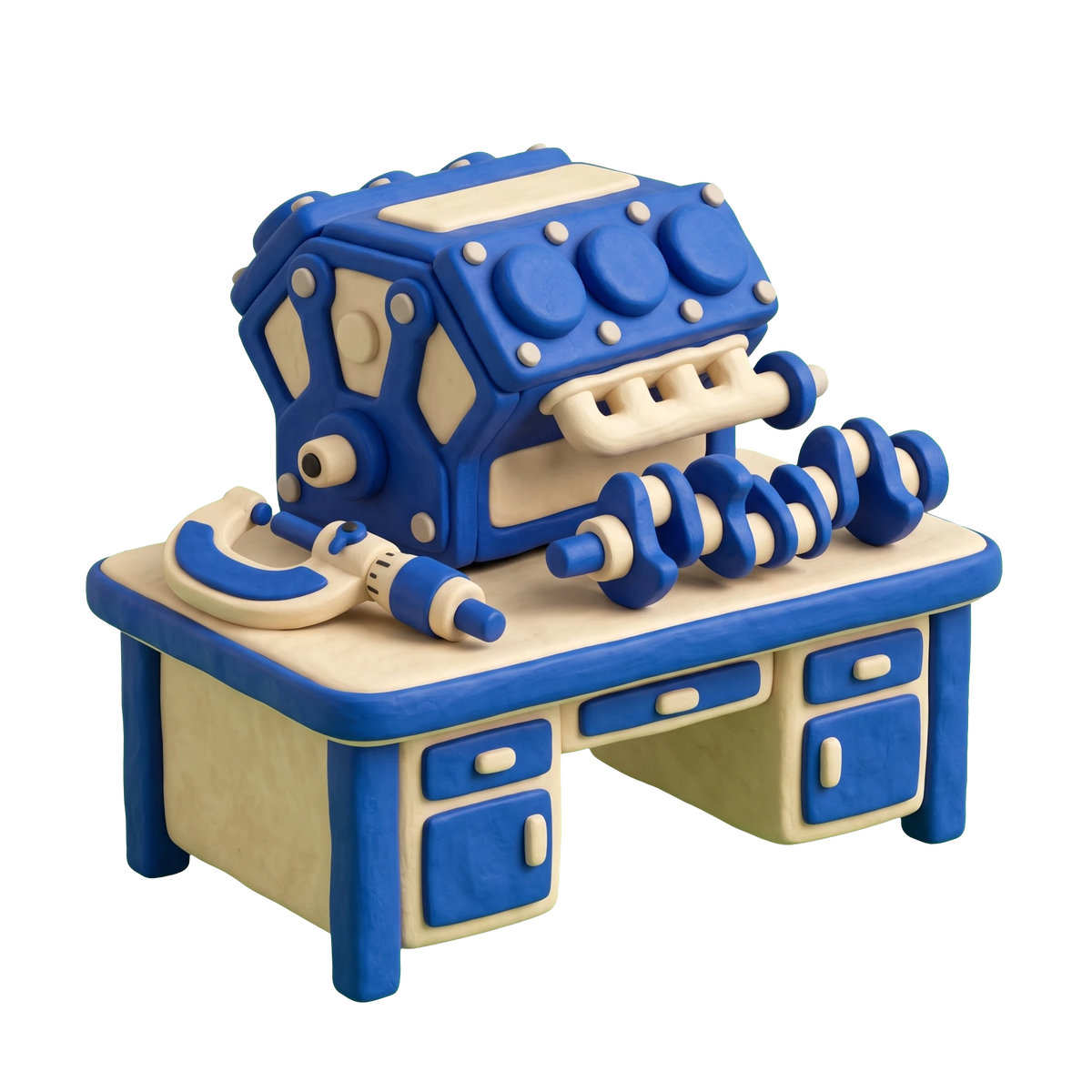 Auto machine shop illustration in blue and ivory clay