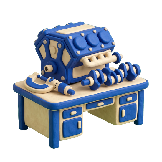 Auto machine shop illustration in blue and ivory clay
