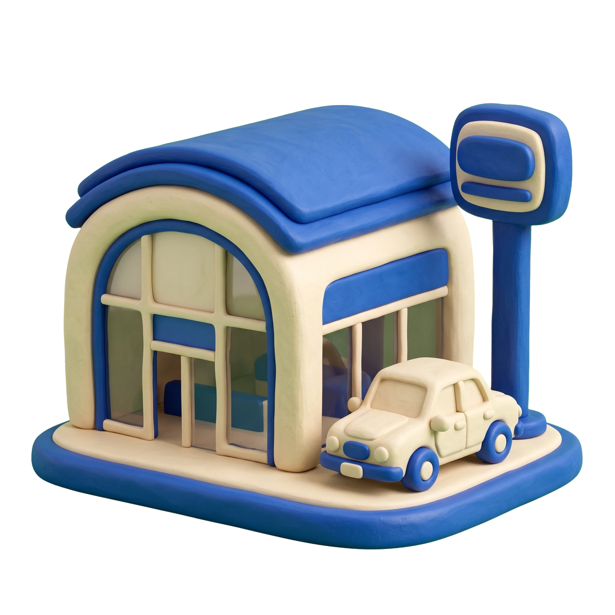 Auto market illustration in blue and ivory clay