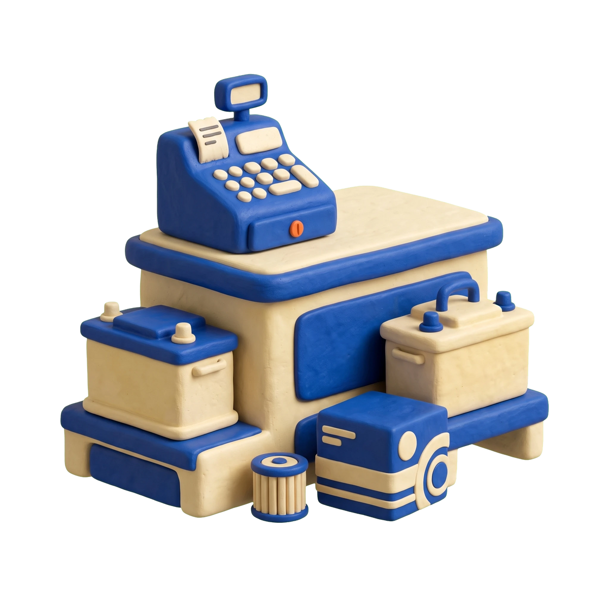 Auto parts store illustration in blue and ivory clay