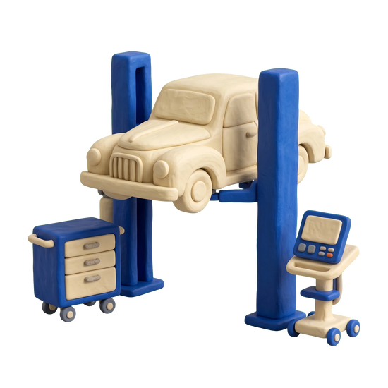 Auto repair shop illustration in blue and ivory clay
