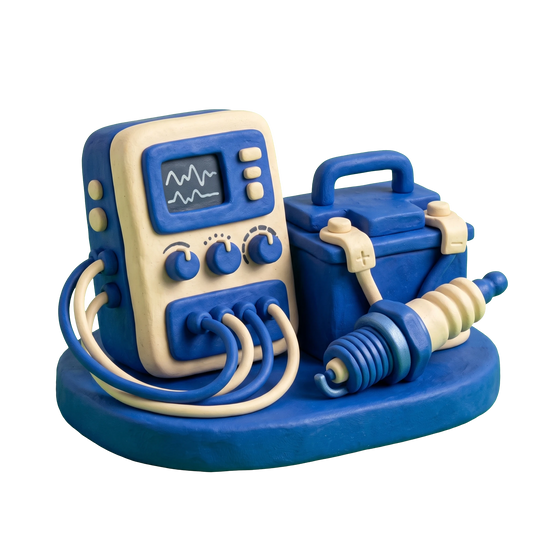 Auto tune up service illustration in blue and ivory clay