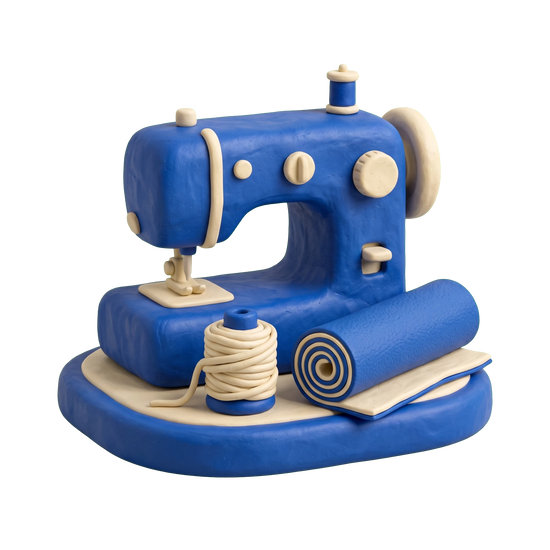 Auto upholsterer illustration in blue and ivory clay