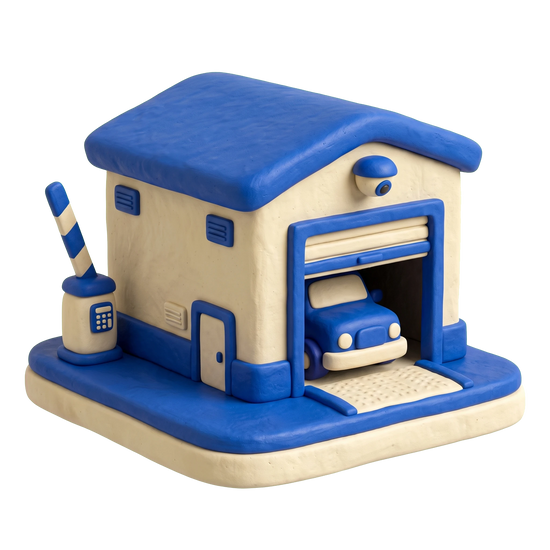 Automobile storage facility illustration in blue and ivory clay