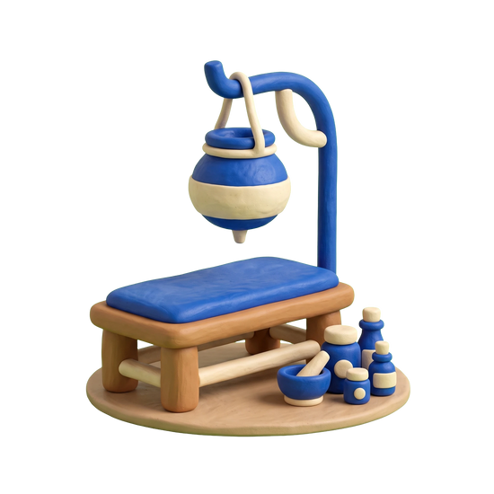 Ayurvedic clinic illustration in blue and ivory clay