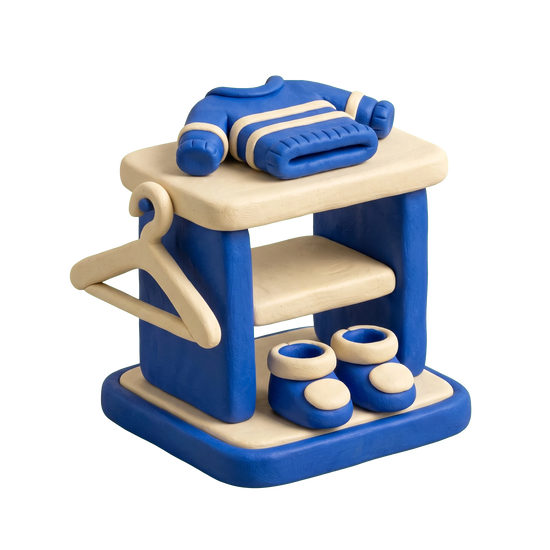 Baby clothing store illustration in blue and ivory clay