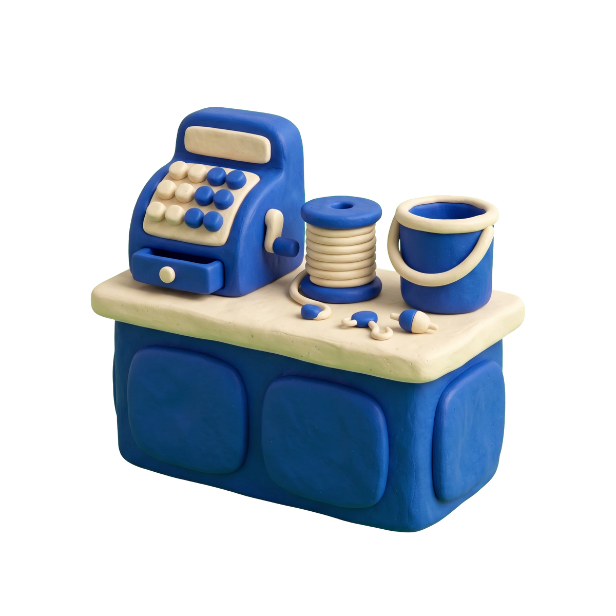 Bait shop illustration in blue and ivory clay
