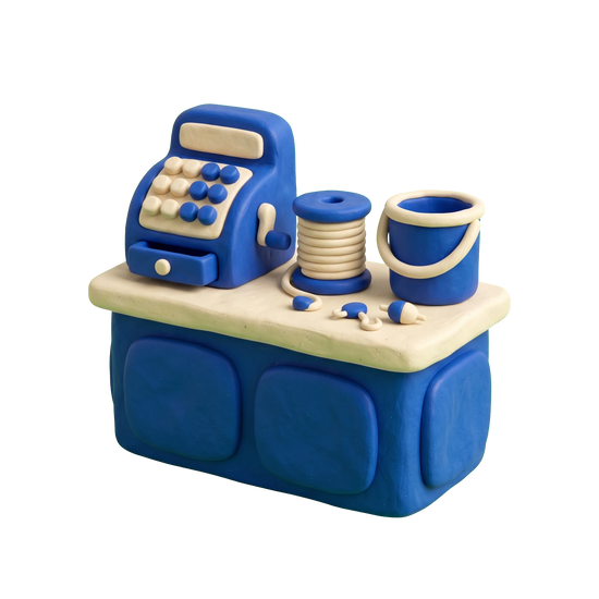 Bait shop illustration in blue and ivory clay