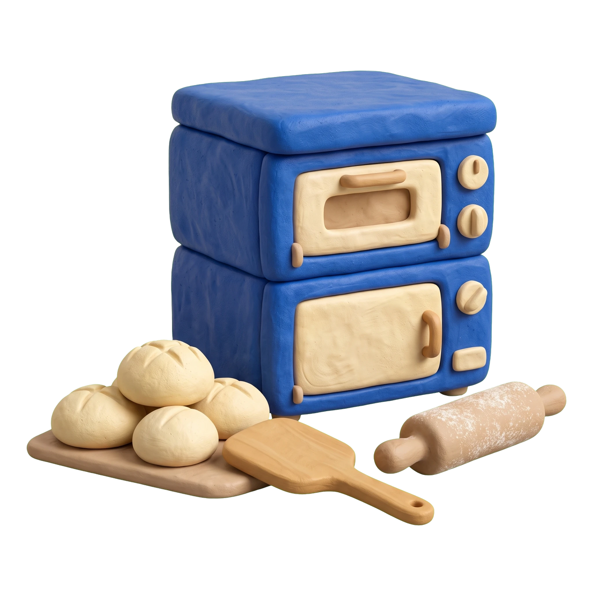 Bakery illustration in blue and ivory clay