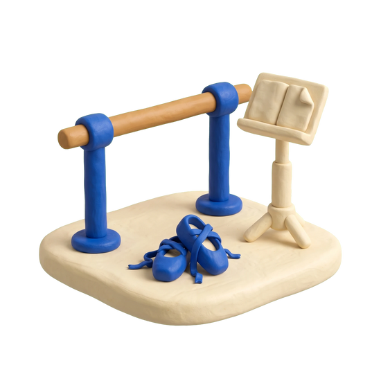 Ballet school illustration in blue and ivory clay