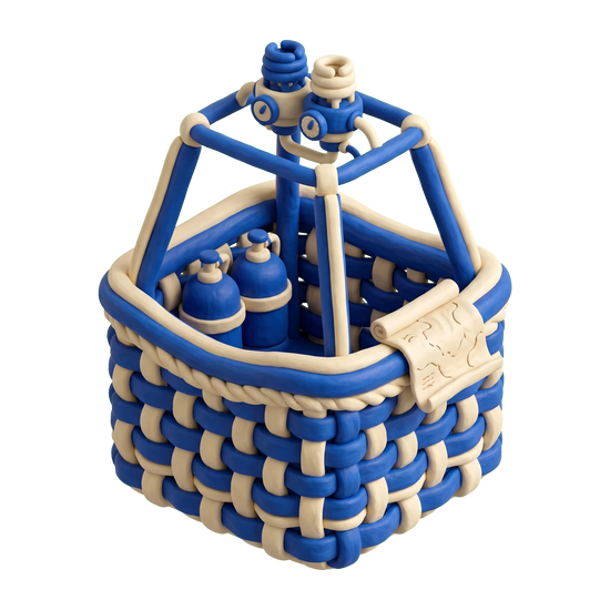 Balloon ride tour agency illustration in blue and ivory clay