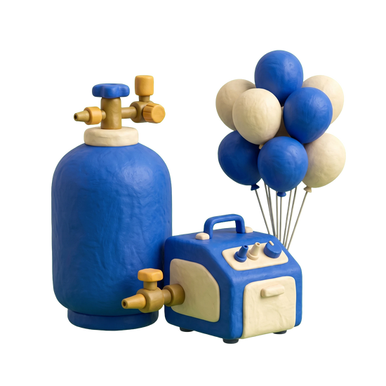 Balloon store illustration in blue and ivory clay