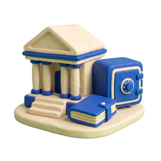 Bank illustration in blue and ivory clay