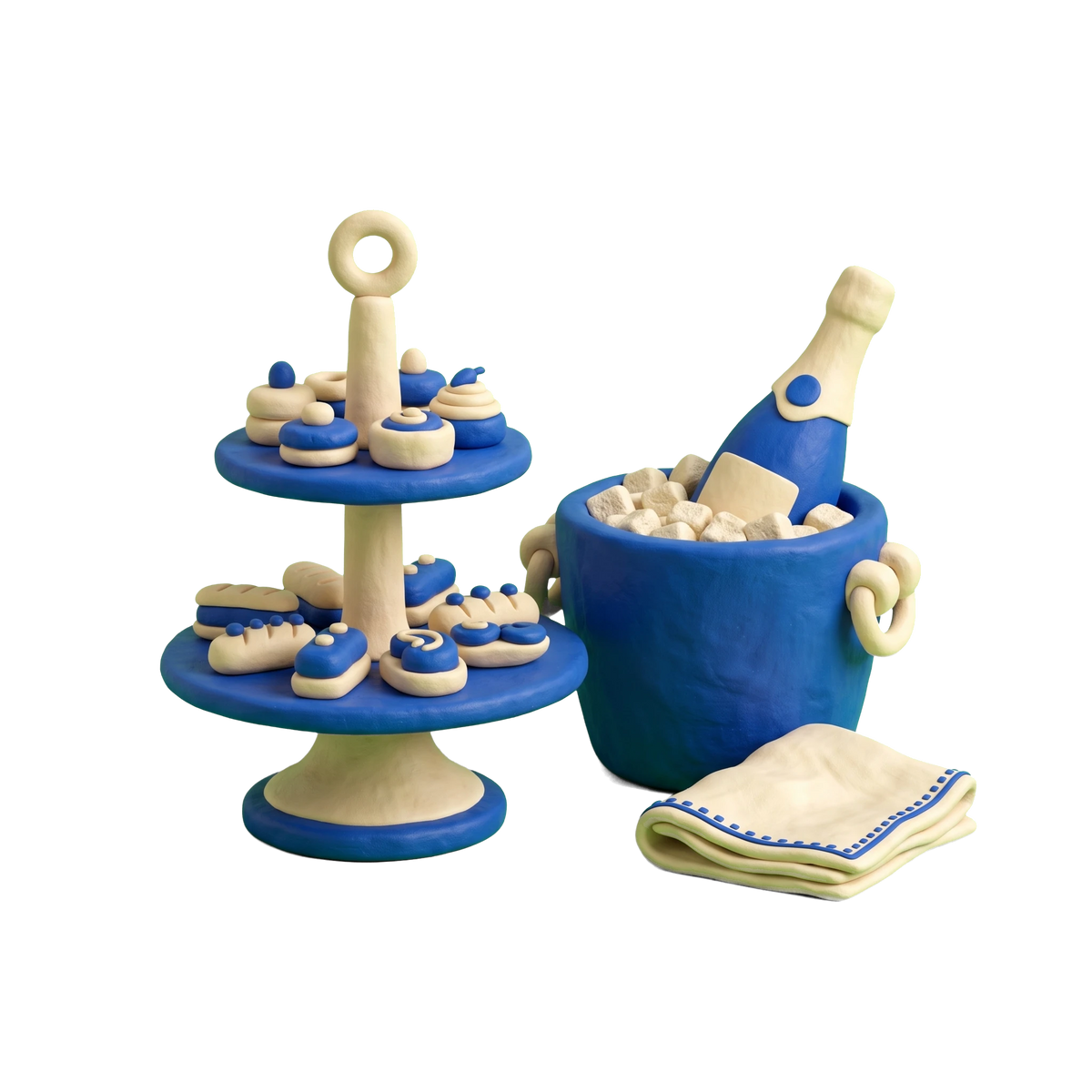 Banquet hall illustration in blue and ivory clay