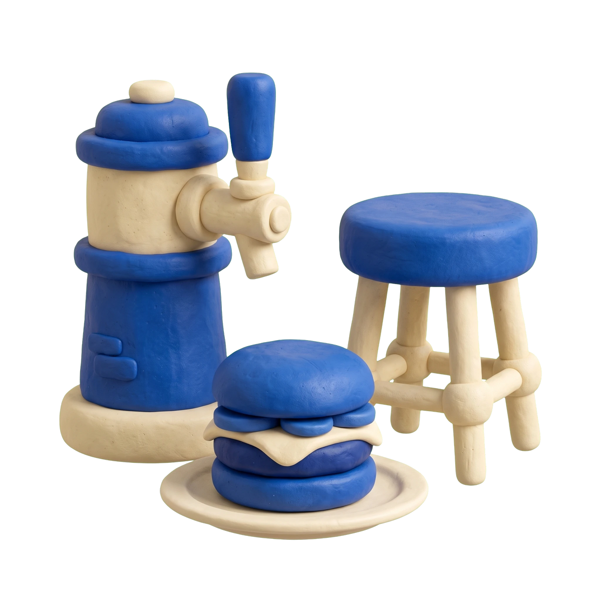 Bar & grill illustration in blue and ivory clay