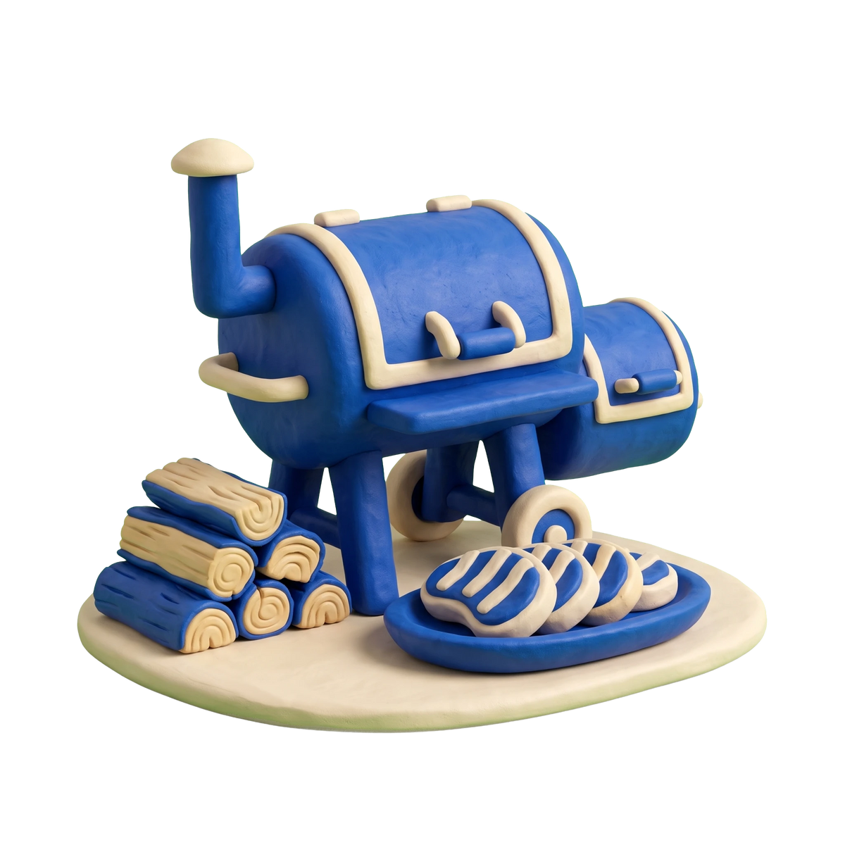Barbecue restaurant illustration in blue and ivory clay