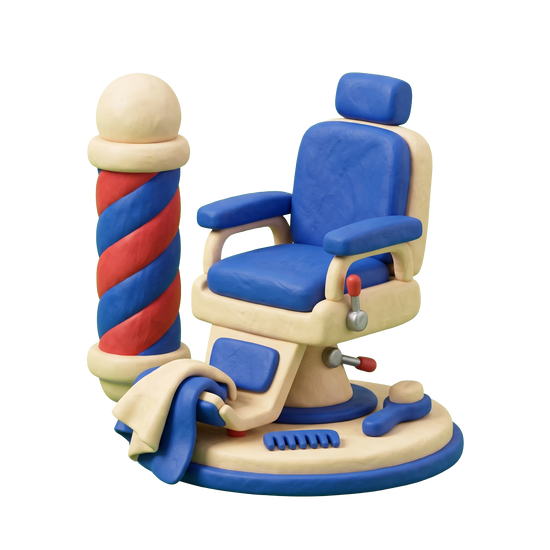 Barber school illustration in blue and ivory clay