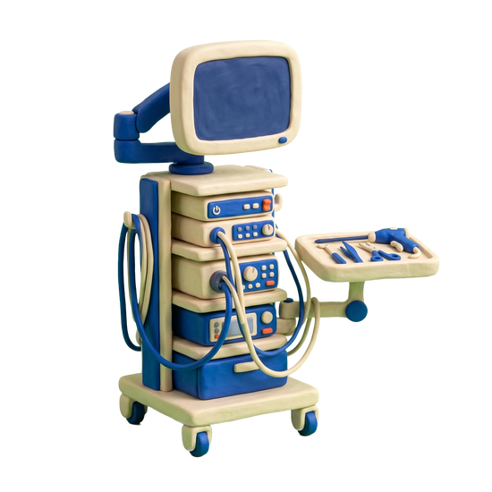 Bariatric surgeon illustration in blue and ivory clay