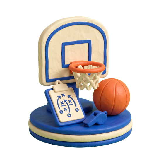 Basketball court illustration in blue and ivory clay