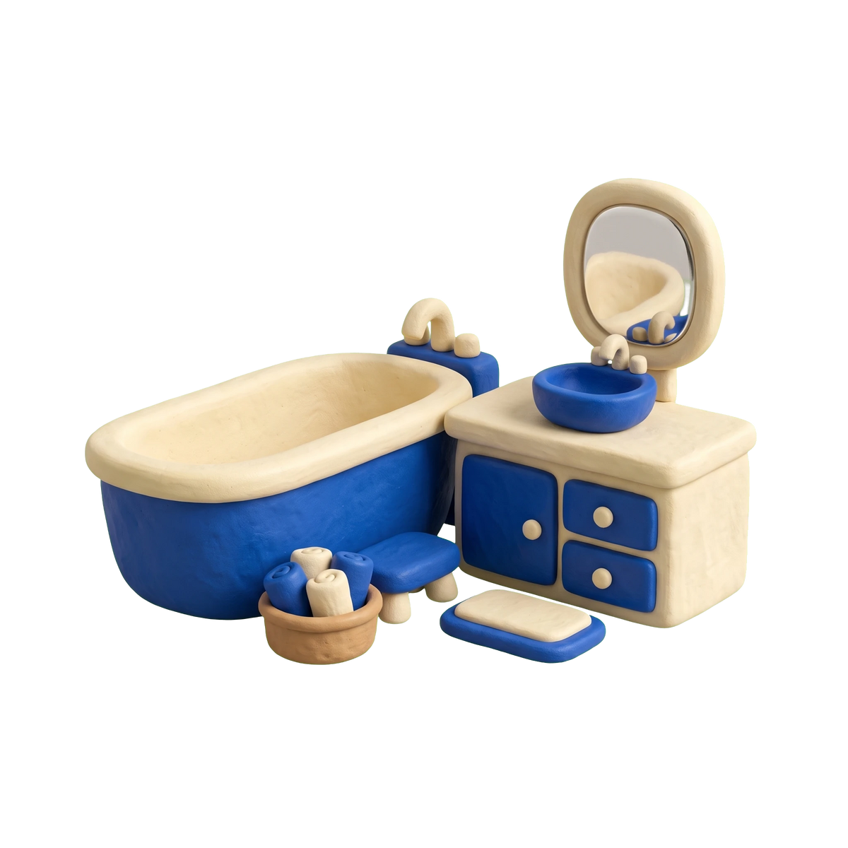 Bathroom supply store illustration in blue and ivory clay