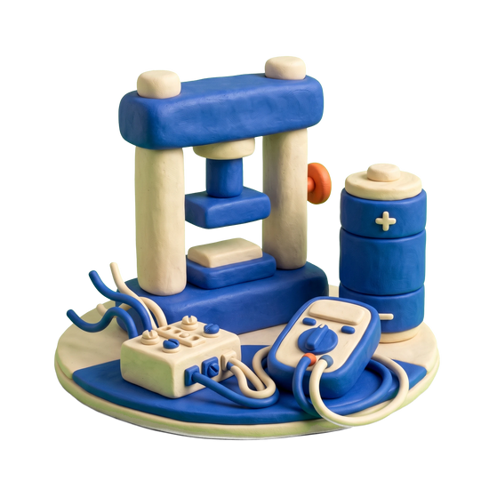 Battery manufacturer illustration in blue and ivory clay