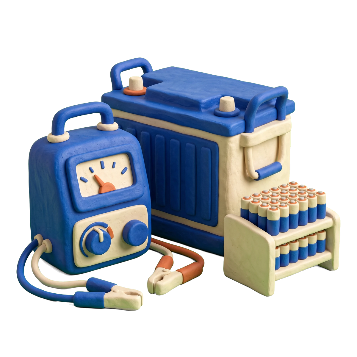 Battery store illustration in blue and ivory clay