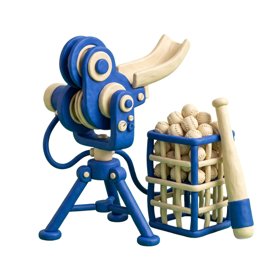 Batting cage center illustration in blue and ivory clay