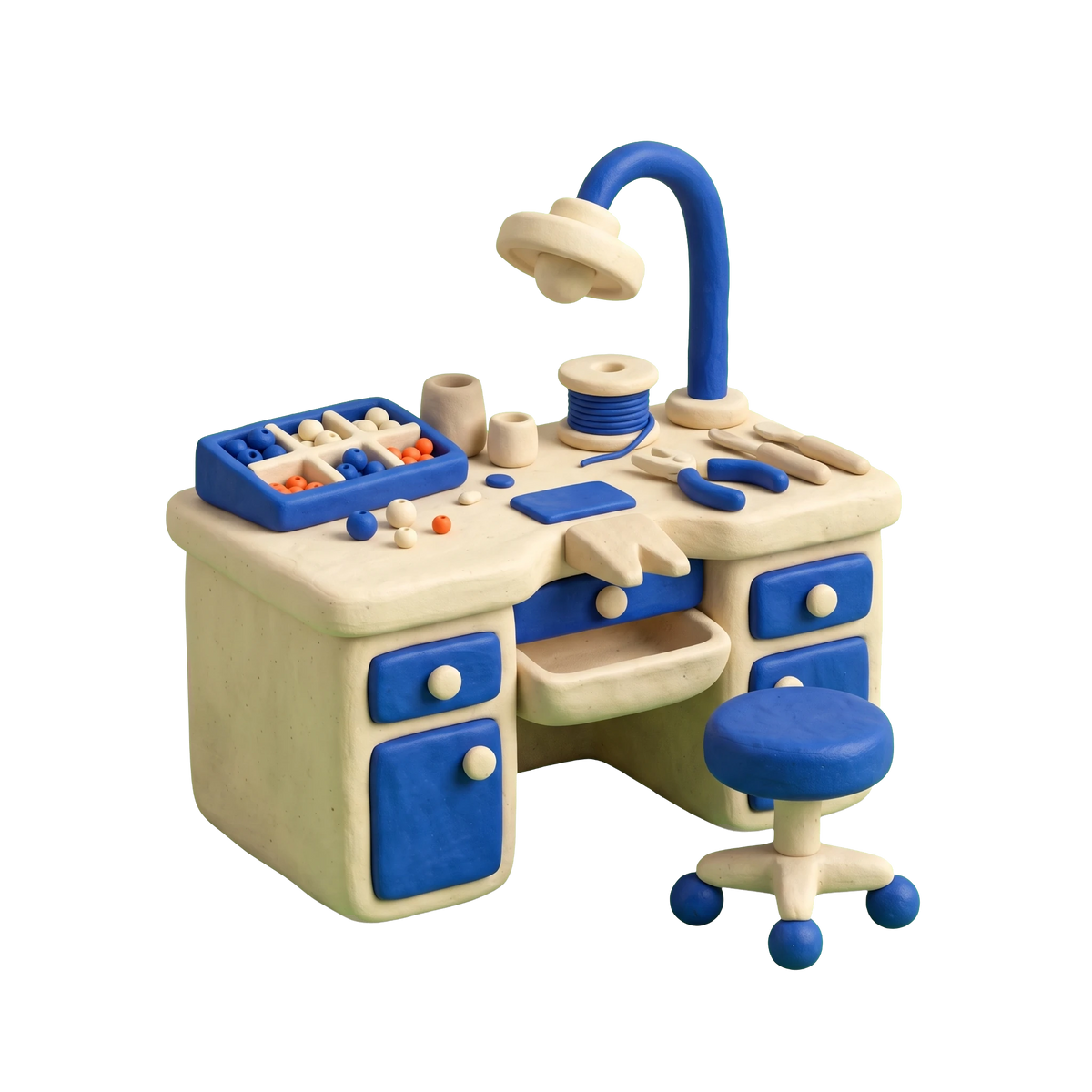 Bead store illustration in blue and ivory clay