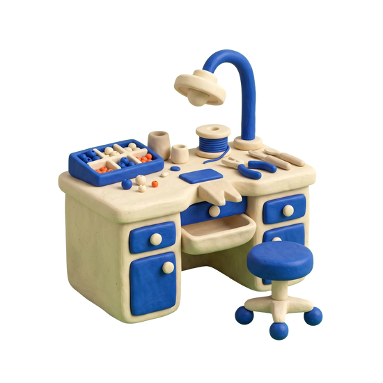 Bead store illustration in blue and ivory clay
