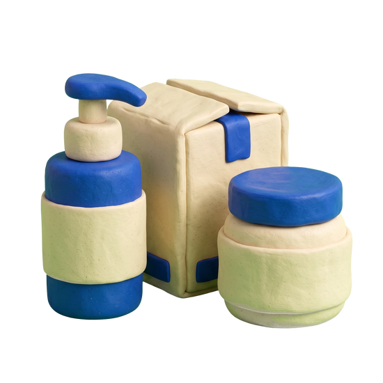 Beauty product supplier illustration in blue and ivory clay