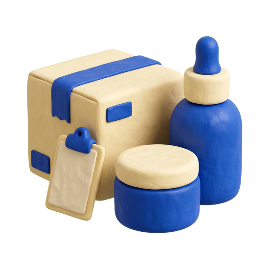 Beauty products wholesaler illustration in blue and ivory clay