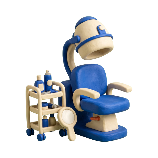 Beauty school illustration in blue and ivory clay