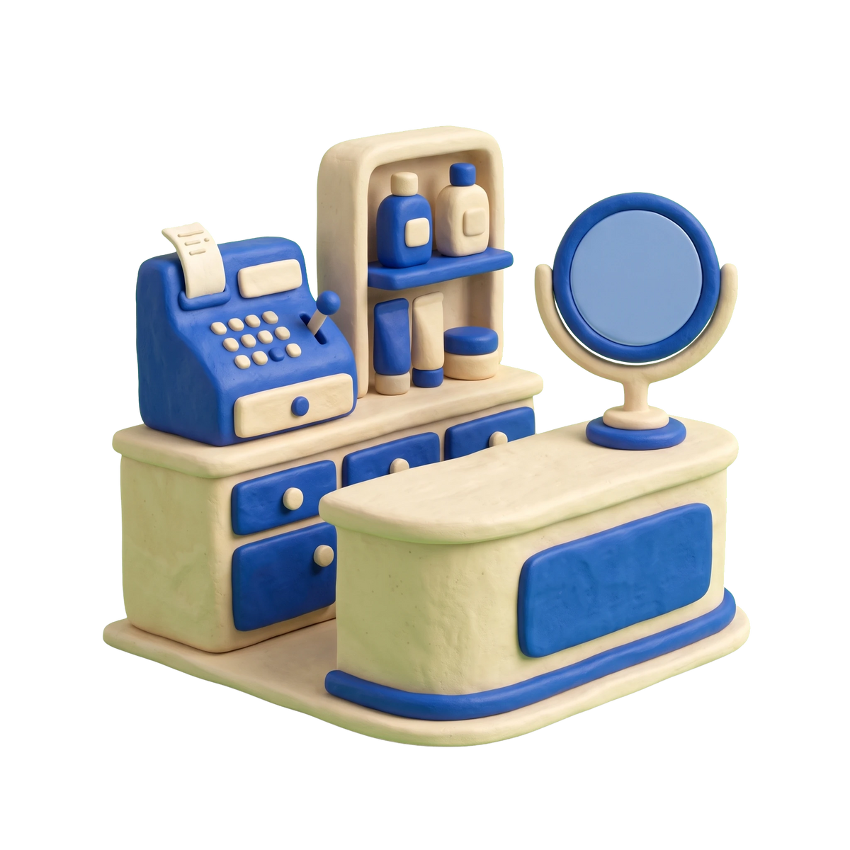 Beauty supply store illustration in blue and ivory clay