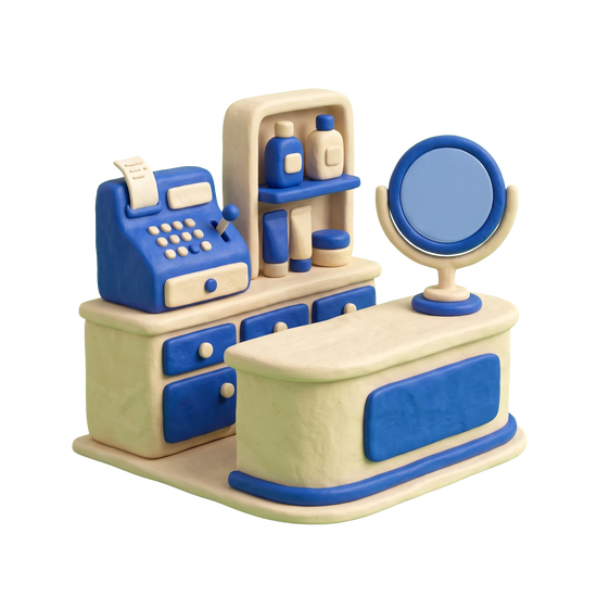 Beauty supply store illustration in blue and ivory clay