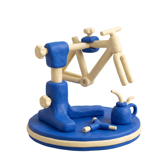 Bicycle repair shop illustration in blue and ivory clay