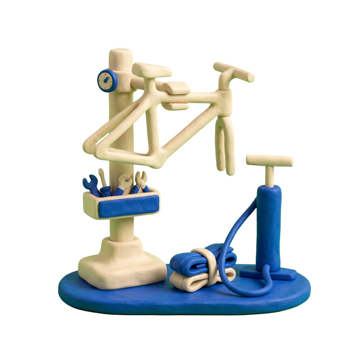 Bicycle store illustration in blue and ivory clay