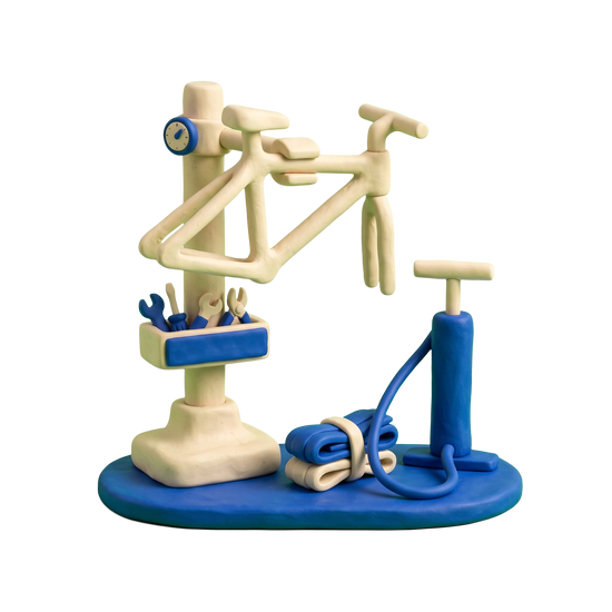 Bicycle store illustration in blue and ivory clay