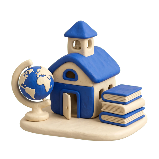 Bilingual school illustration in blue and ivory clay