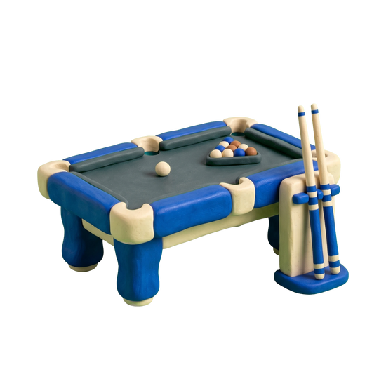 Billiards supply store illustration in blue and ivory clay