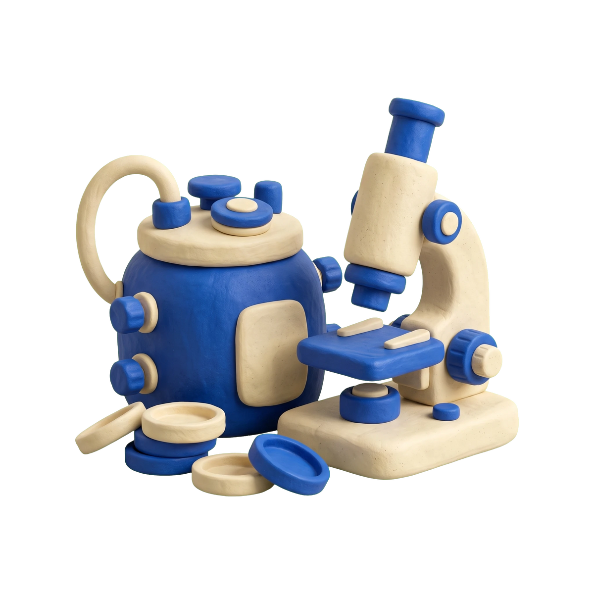 Biotechnology company illustration in blue and ivory clay