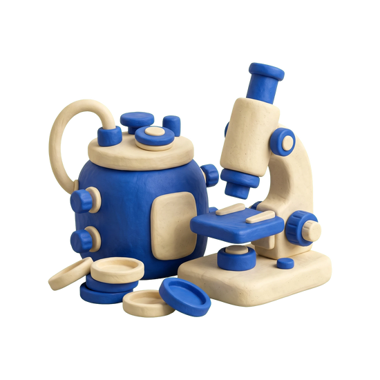 Biotechnology company illustration in blue and ivory clay